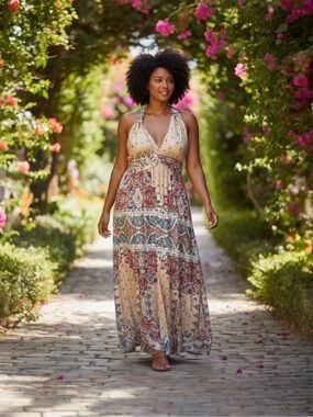 NEW!!! Bohemian Halter Maxi Dress in Cream Mosaic Print Sz 2X